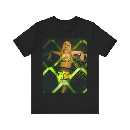 A black graphic t-shirt featuring a graphic of Ava Max with prominent neon green aesthetic elements.