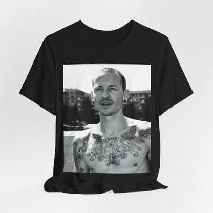A black graphic t-shirt featuring a black and white graphic or photo portrait of Chester Bennington from Linkin Park.
