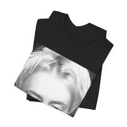 A black graphic t-shirt featuring a 90s black and white portrait photo of Thom Yorke from Radiohead.
