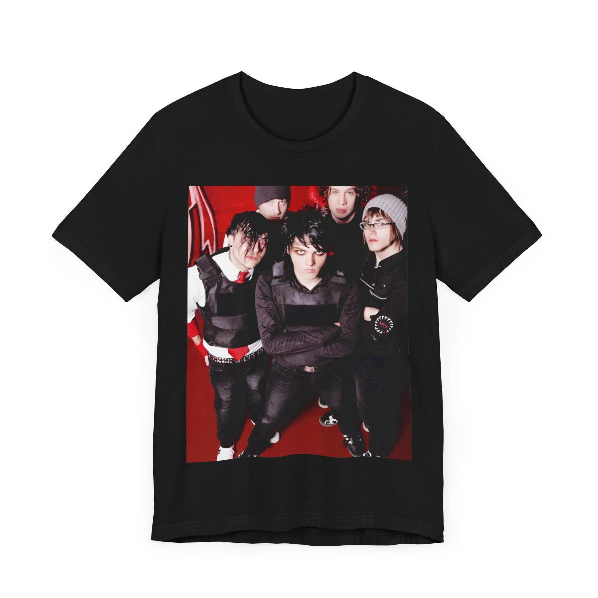 A black graphic t-shirt featuring a boxy graphic related to My Chemical Romance's 'Black Parade' album era.