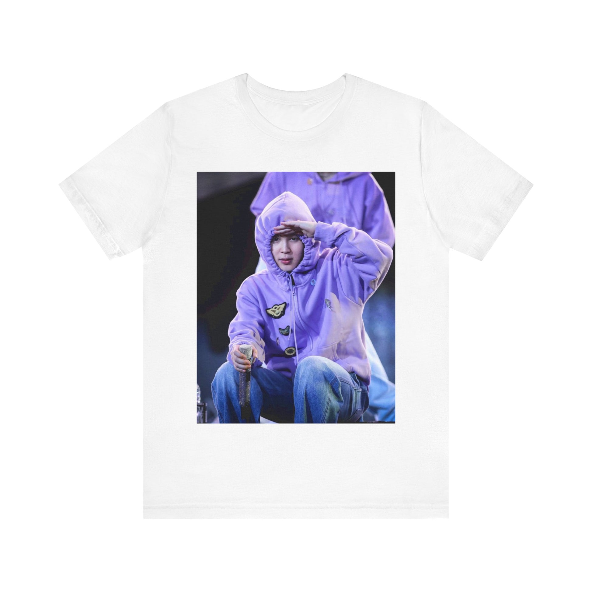 A black graphic t-shirt featuring an authentic live performance graphic of Jimin.