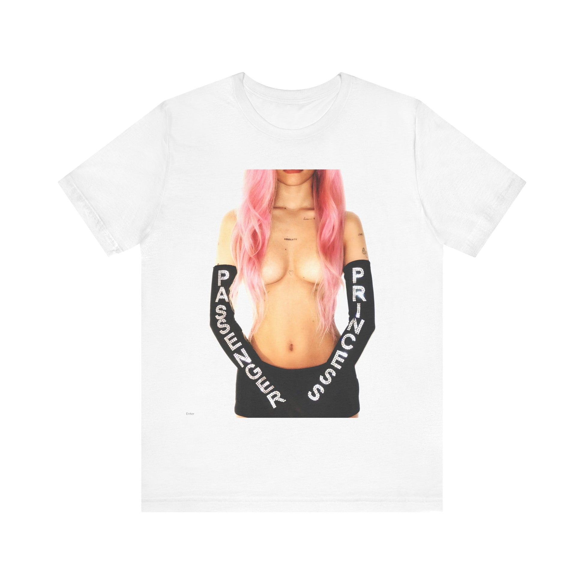 A black graphic t-shirt featuring a graphic of Nessa Barrett with a 'Passenger Princess' theme.