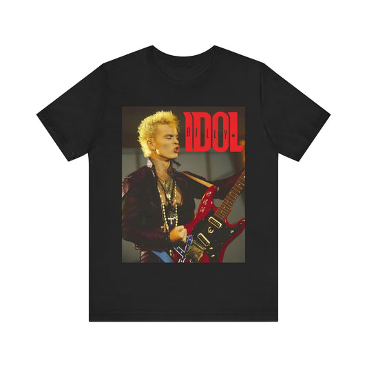 A black graphic t-shirt featuring a retro 80s tour graphic for Billy Idol, possibly with concert imagery or band members in action.