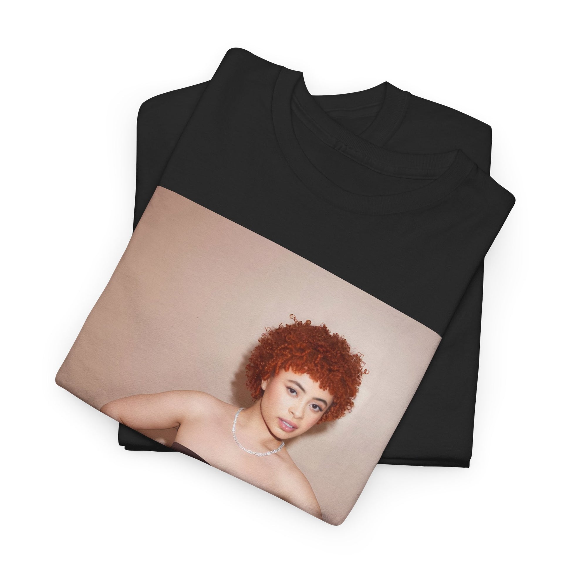 A black graphic t-shirt featuring a graphic of Ice Spice with her curly hair, emphasizing her iconic fashion status.
