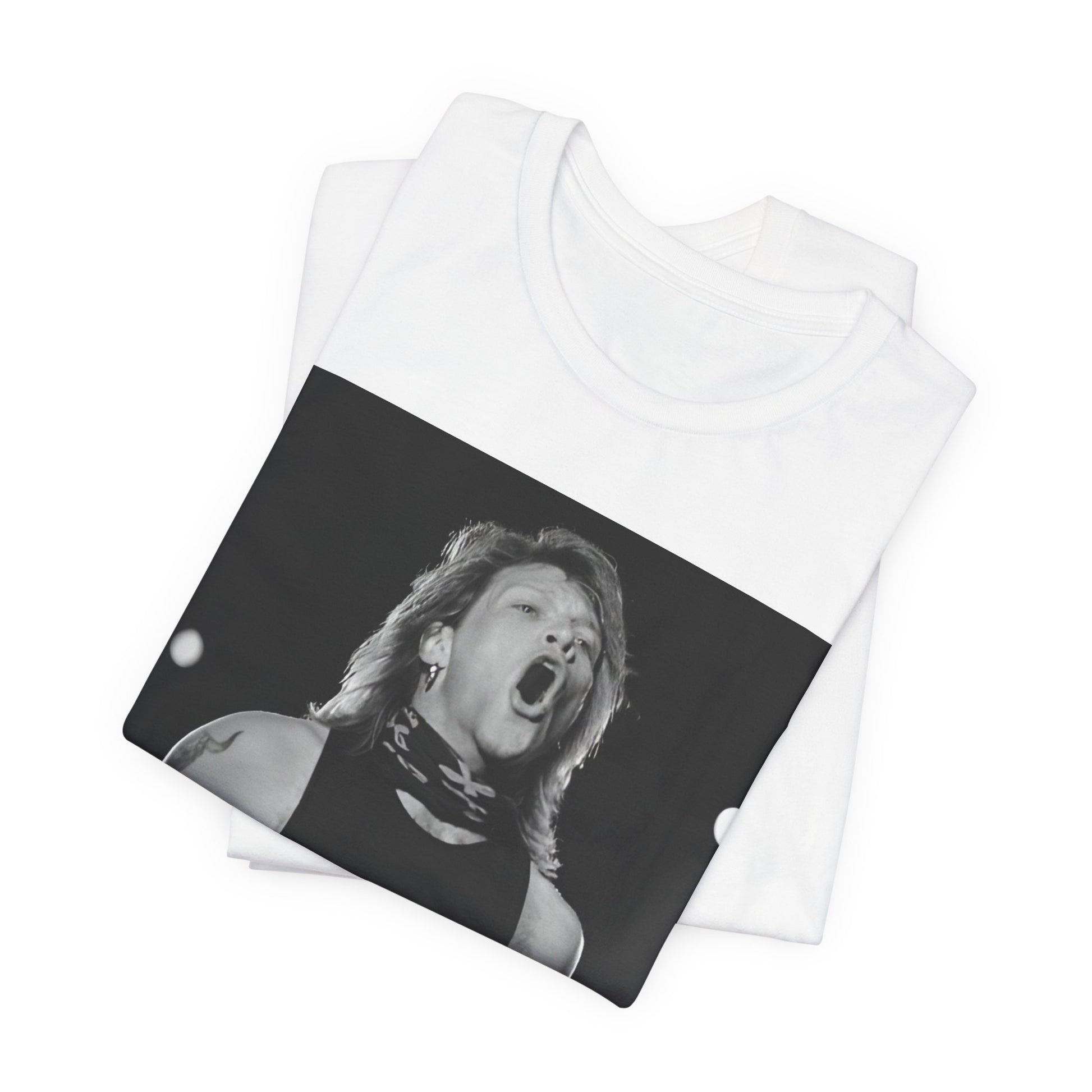 A black graphic t-shirt featuring a black and white iconic graphic or photo of Bon Jovi as superstars.