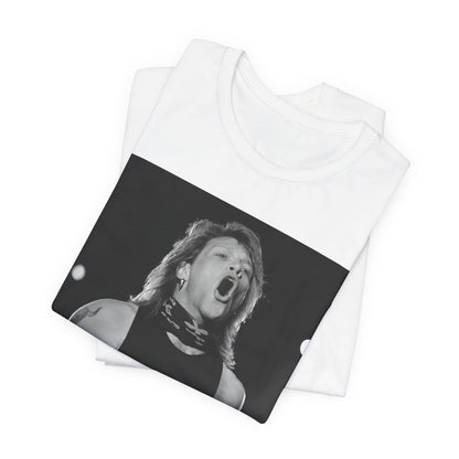 A black graphic t-shirt featuring a black and white iconic graphic or photo of Bon Jovi as superstars.