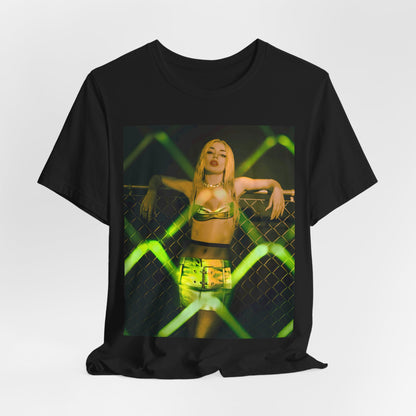 A black graphic t-shirt featuring a graphic of Ava Max with prominent neon green aesthetic elements.