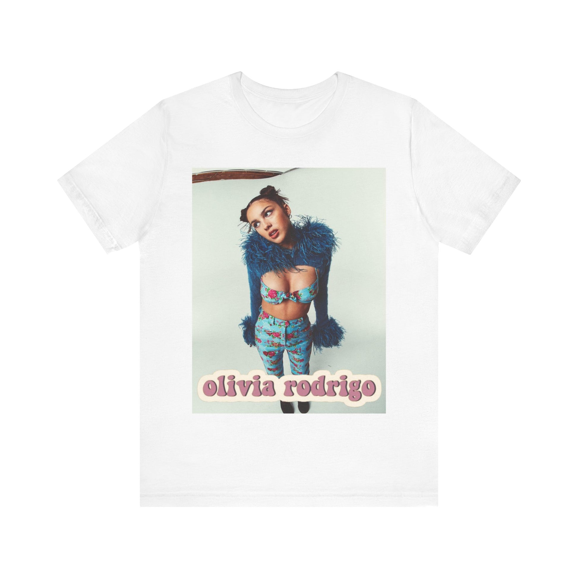 A black graphic t-shirt featuring a graphic of Olivia Rodrigo with 'teen angst vibes'.