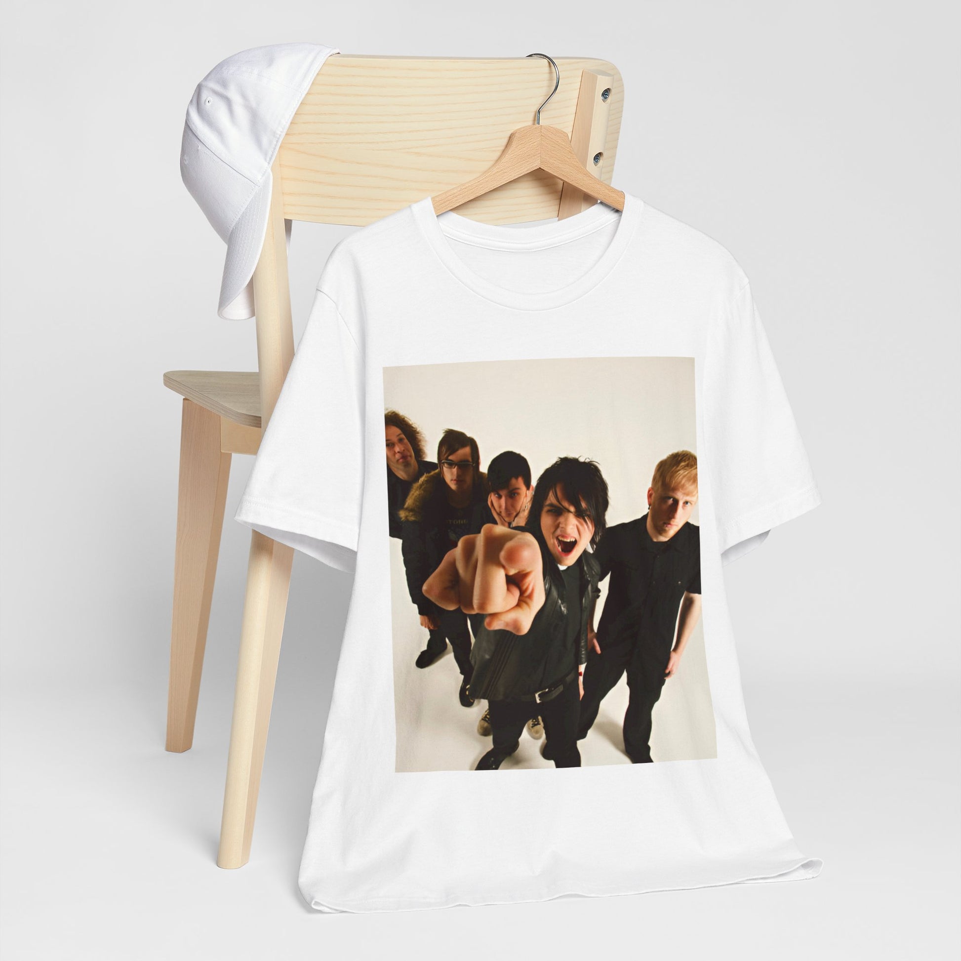 A black graphic t-shirt featuring a retro rock graphic of My Chemical Romance.