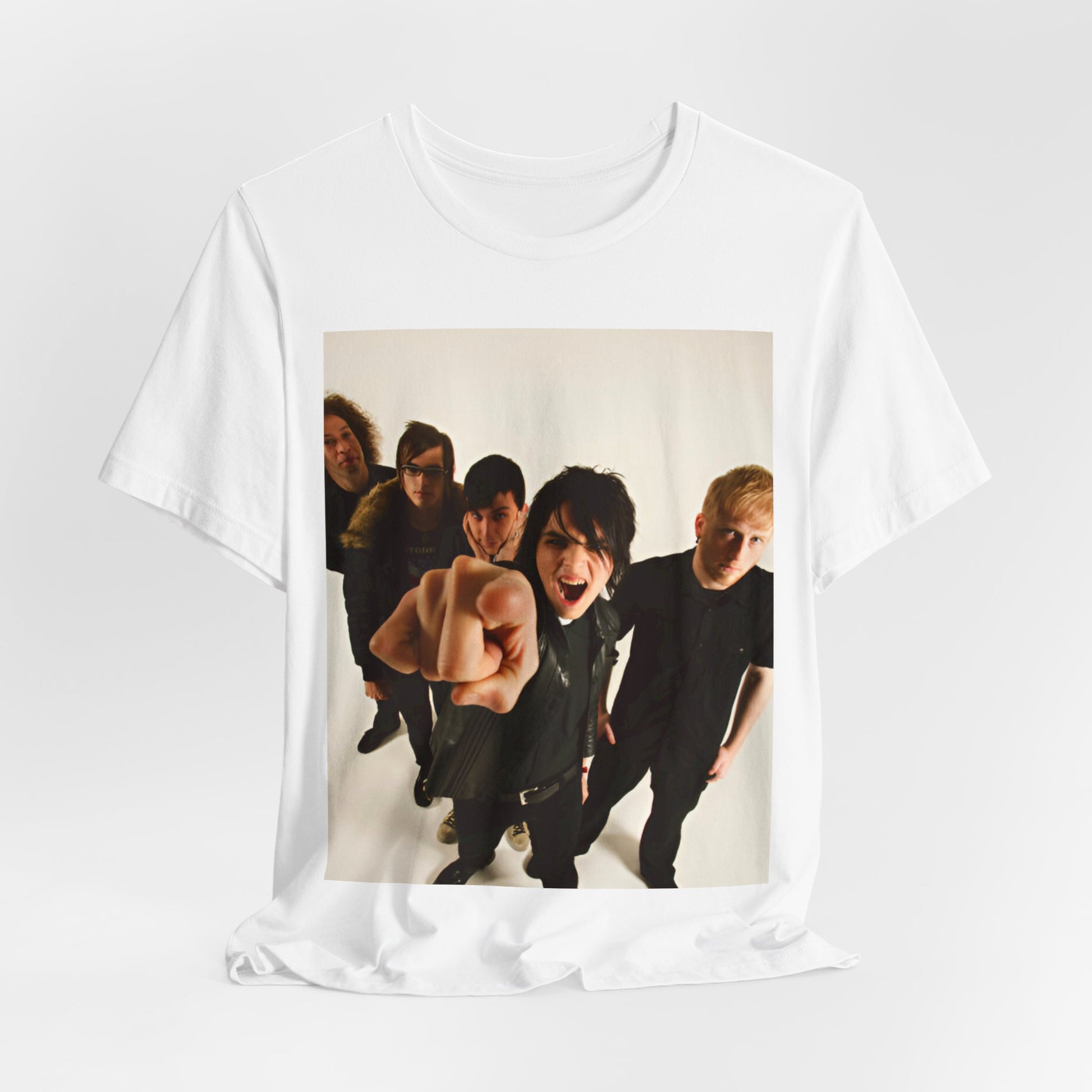 A black graphic t-shirt featuring a retro rock graphic of My Chemical Romance.