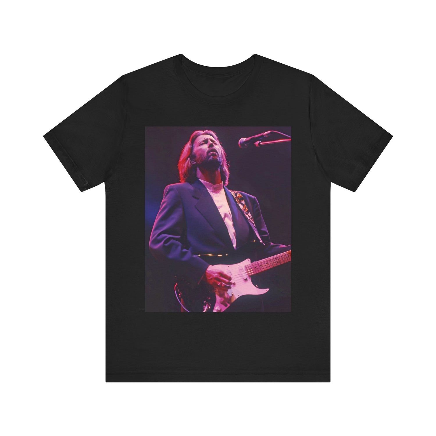A black graphic t-shirt featuring a vintage graphic of Eric Clapton as a blues rock icon.