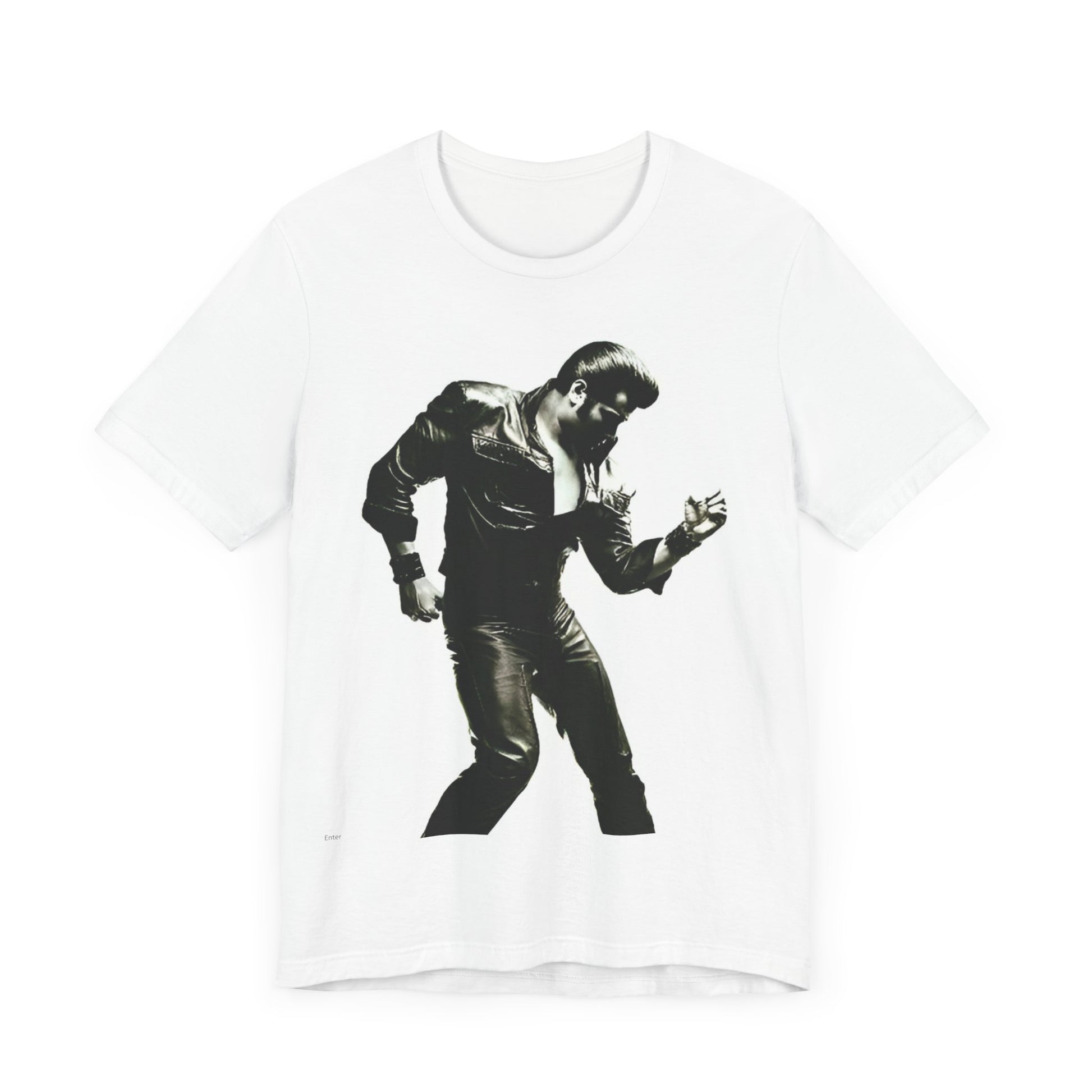 A black graphic t-shirt featuring a retro black and white monochrome photo or graphic of Elvis Presley.