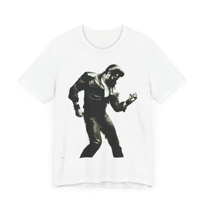 A black graphic t-shirt featuring a retro black and white monochrome photo or graphic of Elvis Presley.