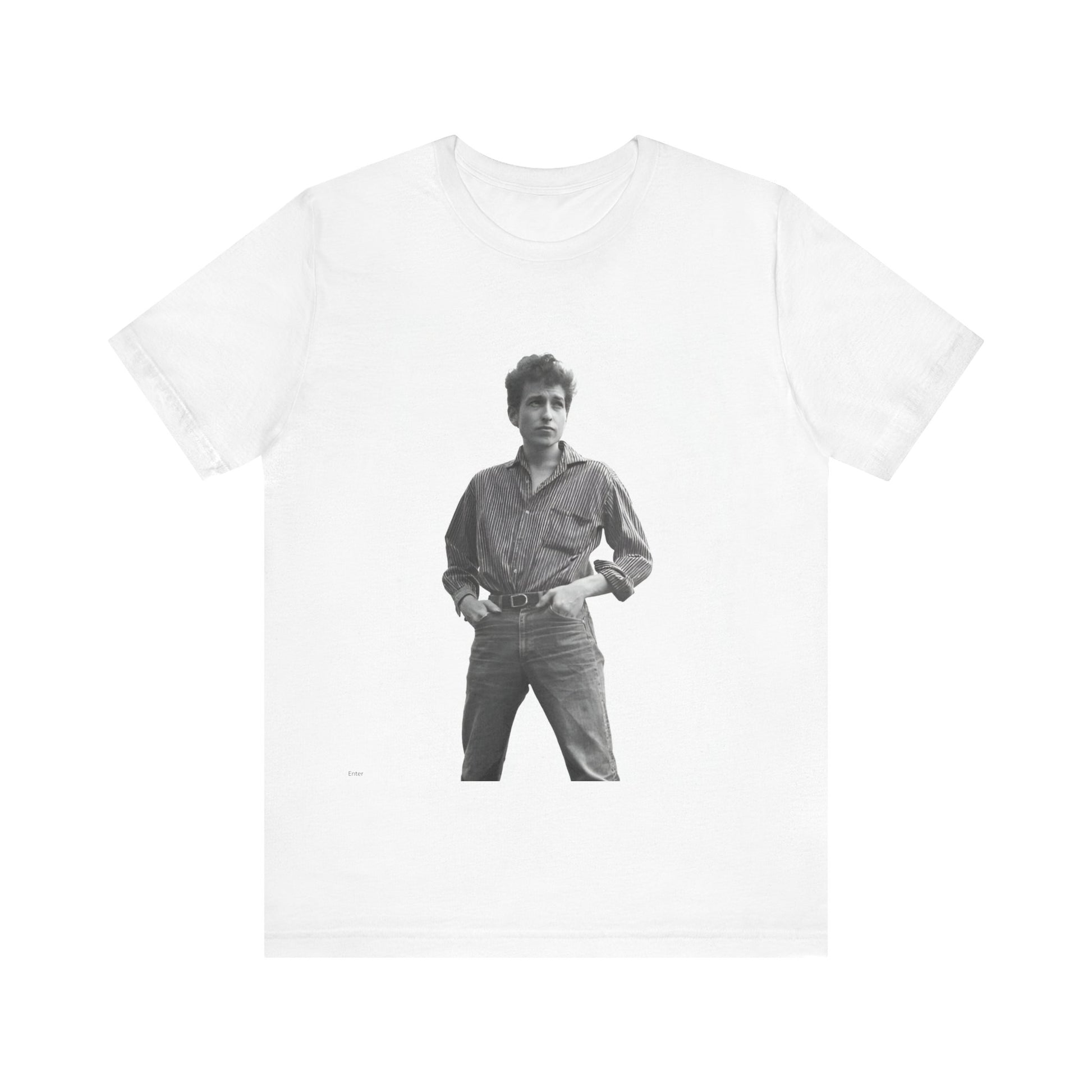 A black graphic t-shirt featuring a vintage 60s folk aesthetic graphic of Bob Dylan.
