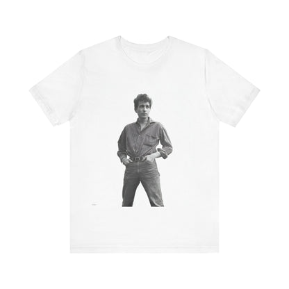 A black graphic t-shirt featuring a vintage 60s folk aesthetic graphic of Bob Dylan.