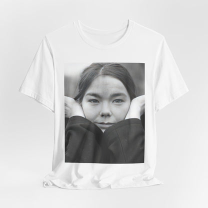 A black graphic t-shirt featuring a black and white portrait photo of Bjork.