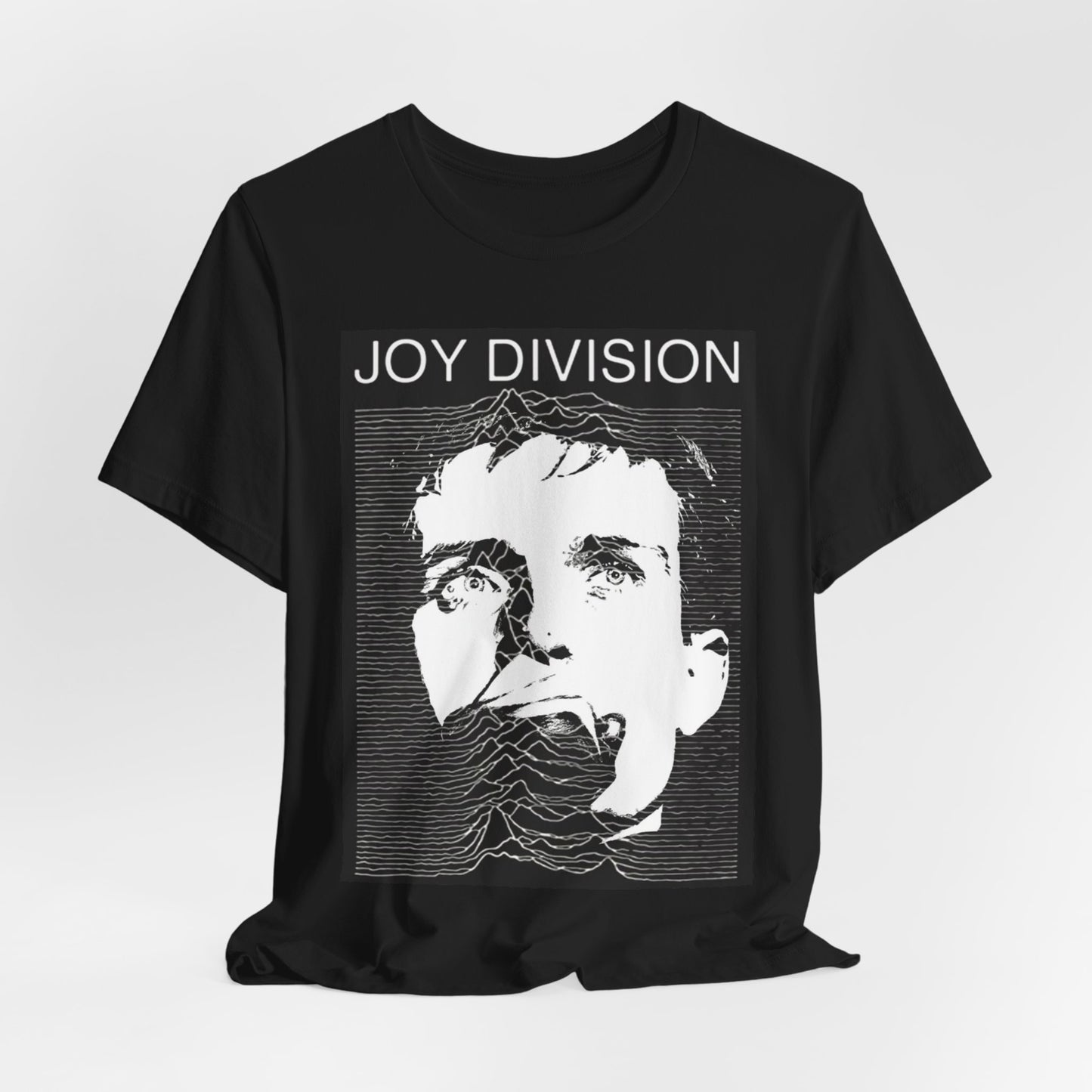 A black graphic t-shirt featuring iconic album art graphic of Joy Division.