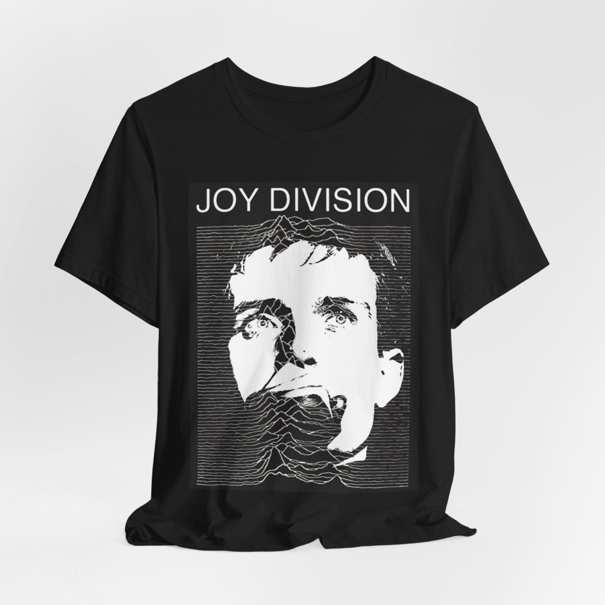 A black graphic t-shirt featuring iconic album art graphic of Joy Division.