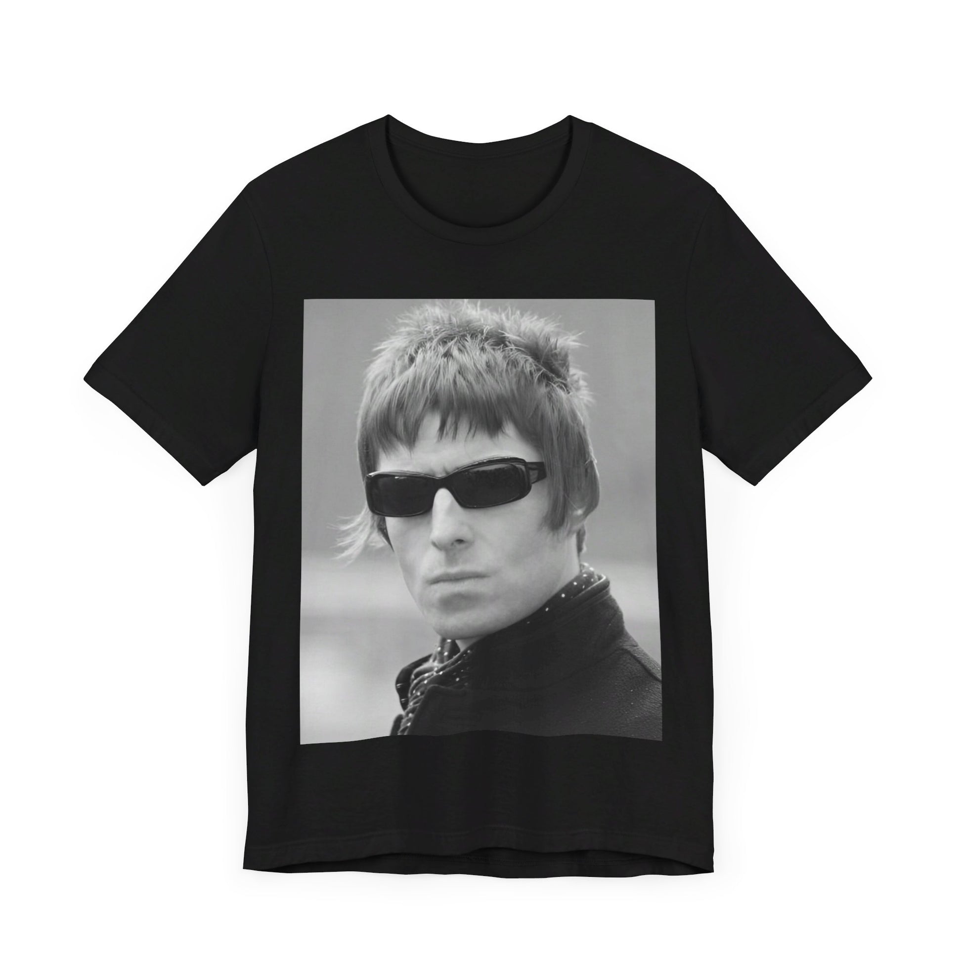A black graphic t-shirt featuring a vintage graphic related to Oasis's 'Wonderwall' song or era.