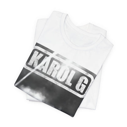 A black graphic t-shirt featuring a black and white graphic or photo of Karol G performing live on stage.