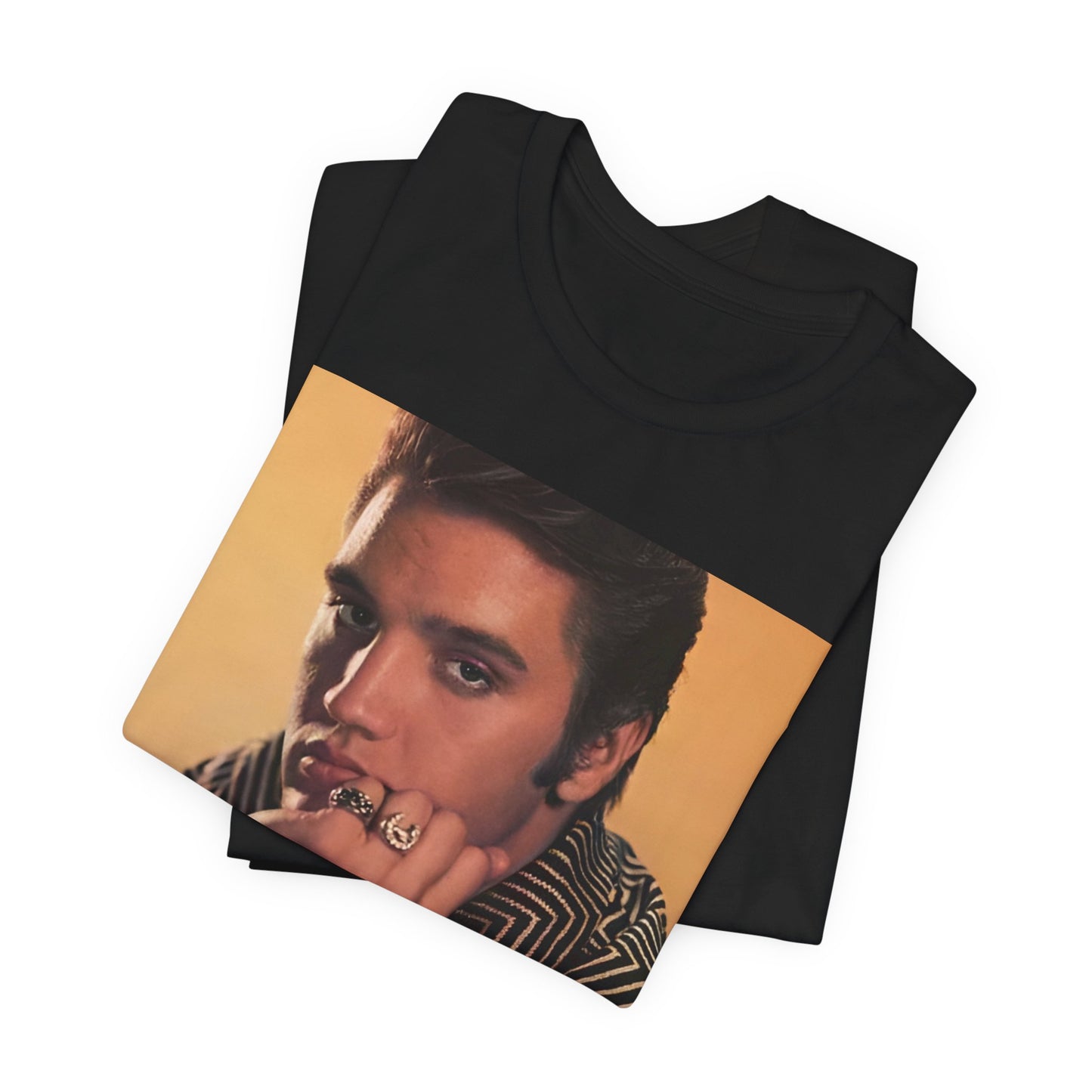 A black graphic t-shirt featuring an aesthetic photo portrait of Elvis Presley.
