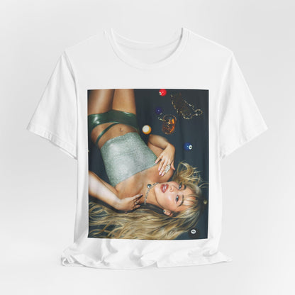 A black graphic t-shirt featuring a vintage pop icon graphic of Sabrina Carpenter.