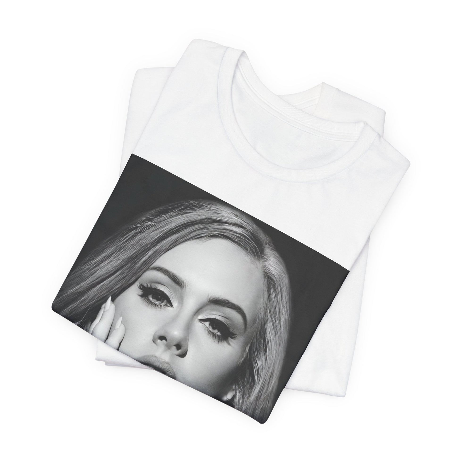 A black graphic t-shirt featuring a studio portrait of Adele from her '25' album era, showing a poised and thoughtful expression with her hair styled elegantly.