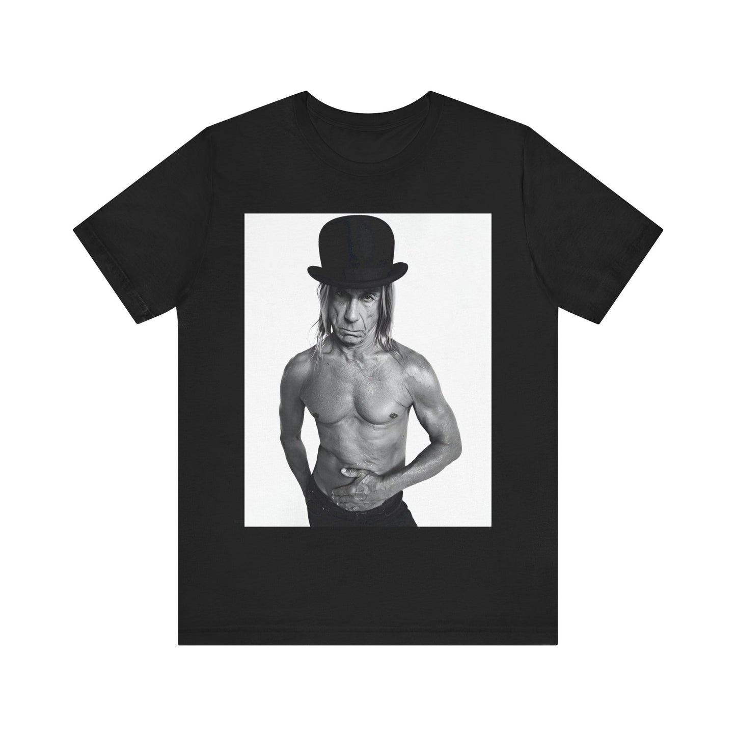A black graphic t-shirt featuring a black and white photo of Iggy Pop wearing a hat.