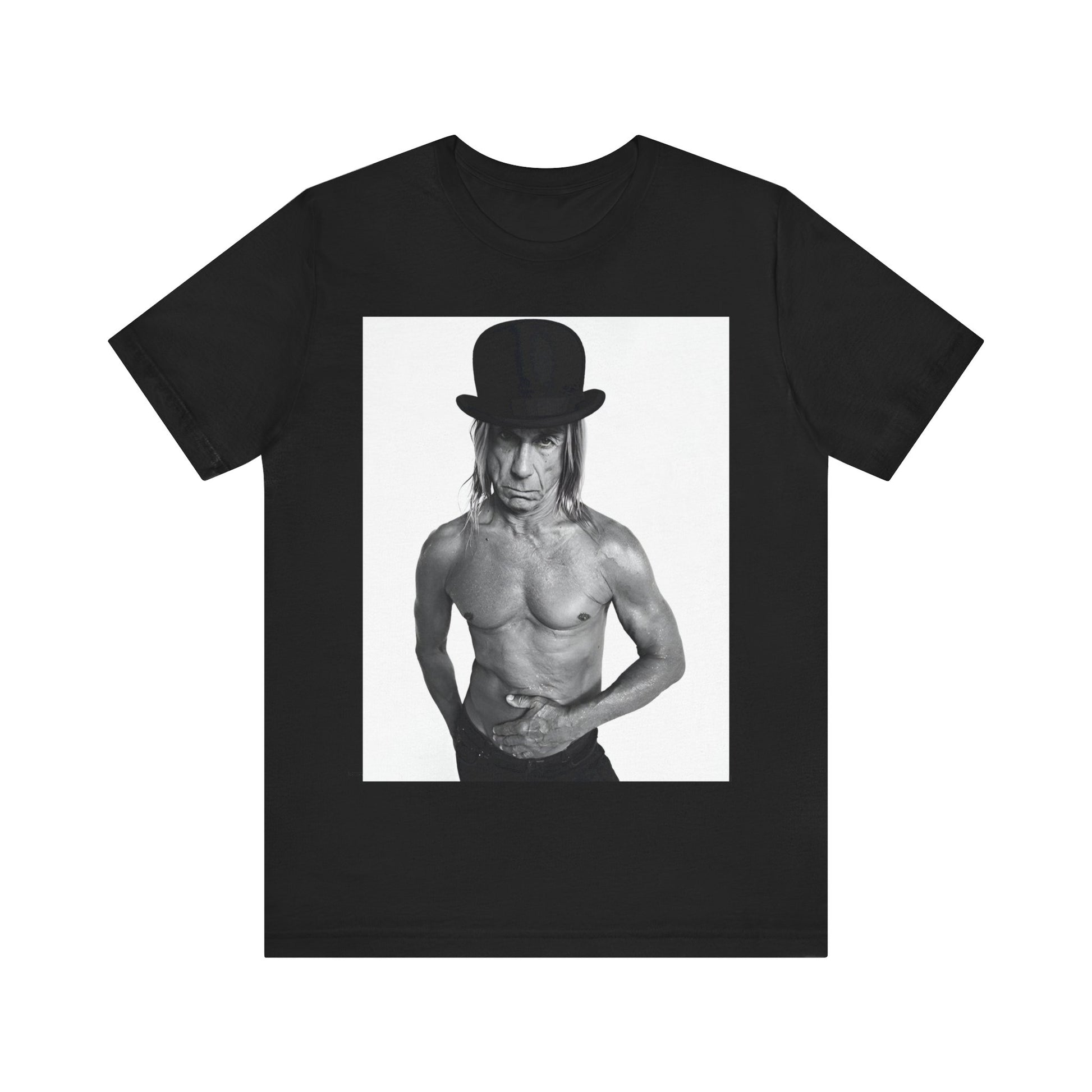 A black graphic t-shirt featuring a black and white photo of Iggy Pop wearing a hat.