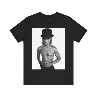 A black graphic t-shirt featuring a black and white photo of Iggy Pop wearing a hat.