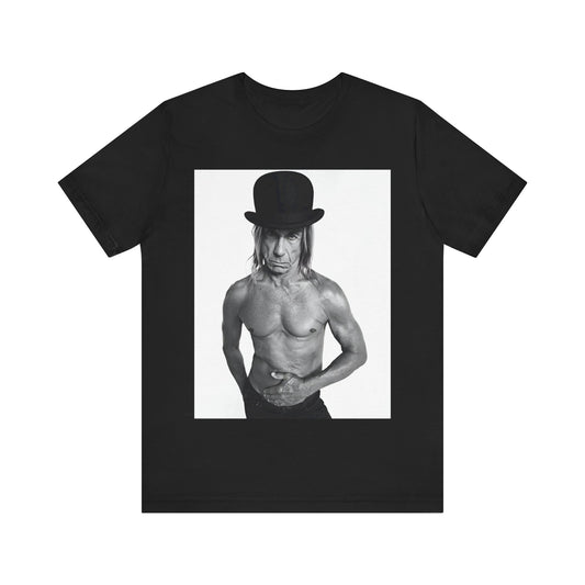 A black graphic t-shirt featuring a black and white photo of Iggy Pop wearing a hat.