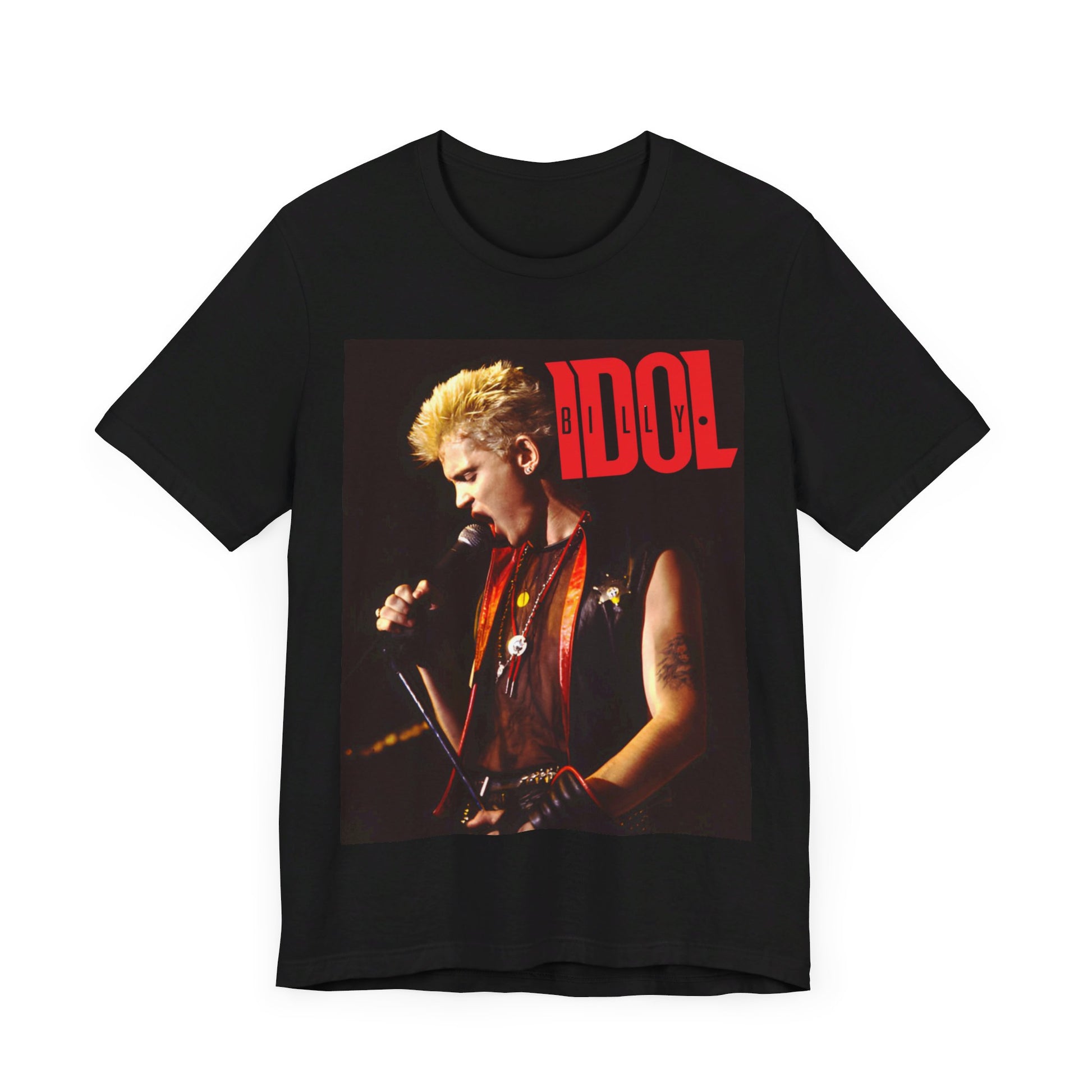 A black graphic t-shirt featuring an iconic 80s concert graphic of Billy Idol performing live on stage.
