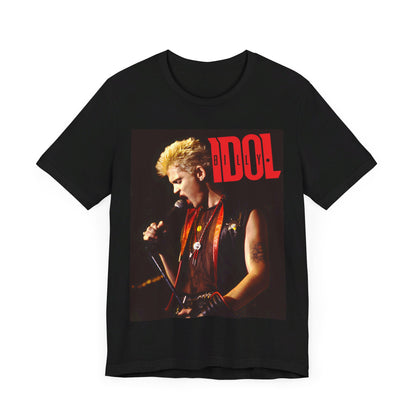 A black graphic t-shirt featuring an iconic 80s concert graphic of Billy Idol performing live on stage.