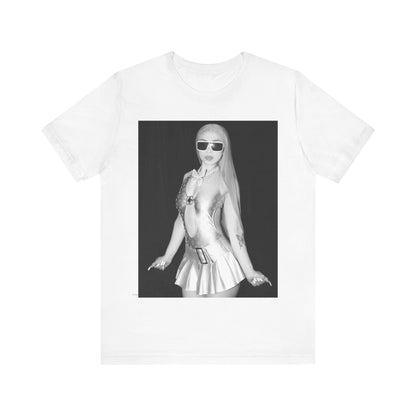 A black graphic t-shirt featuring a black and white graphic or photo of Ice Spice in a backstage setting.