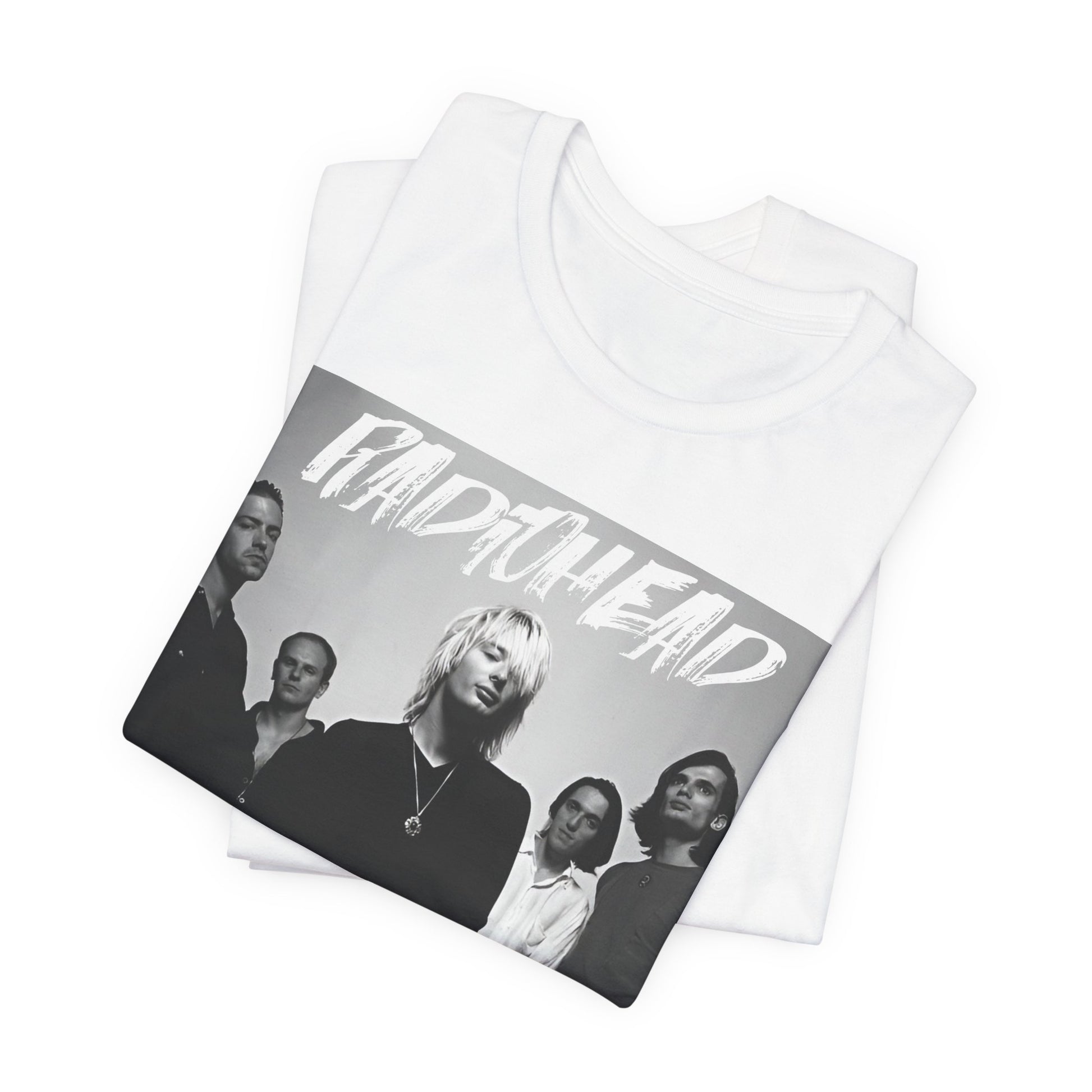 A black graphic t-shirt featuring a retro graphic related to Radiohead's 'OK Computer' album era.