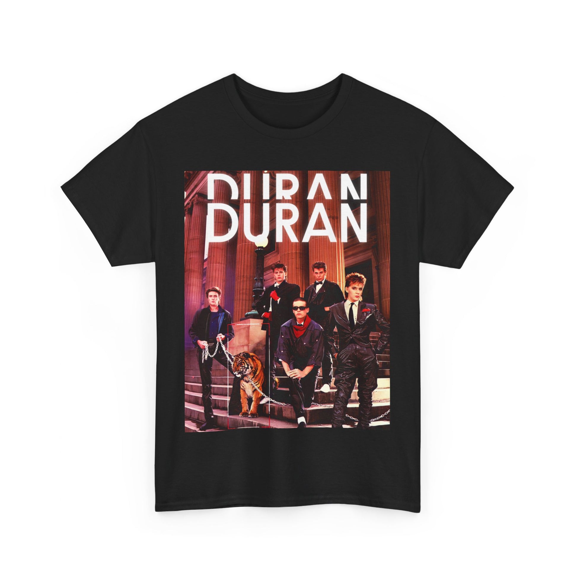 A black graphic t-shirt featuring a vintage 80s new wave graphic of Duran Duran.