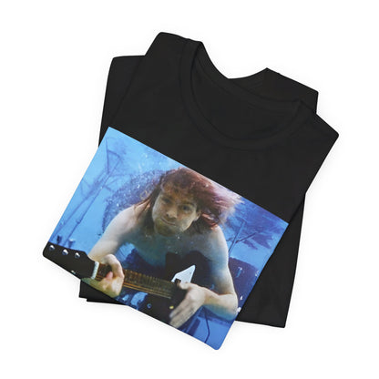 A black graphic t-shirt featuring a bold graphic related to Nirvana's 'Lithium' song or era.