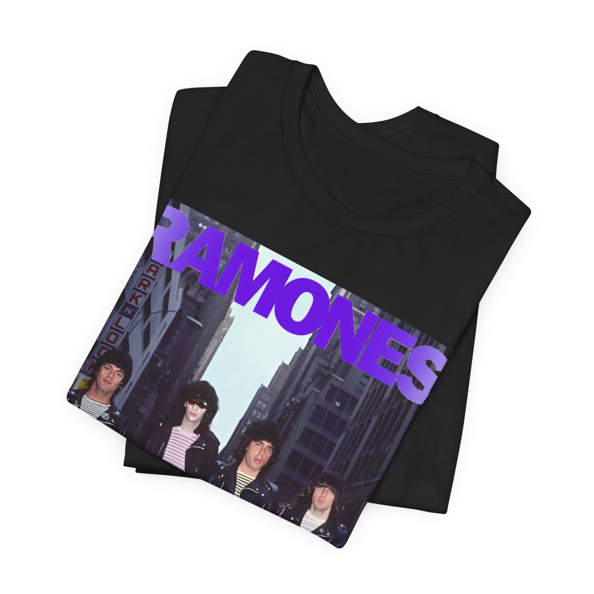 A black graphic t-shirt featuring a graphic of the Ramones emphasizing a rebellious punk spirit.