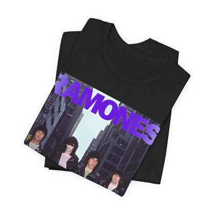 A black graphic t-shirt featuring a graphic of the Ramones emphasizing a rebellious punk spirit.