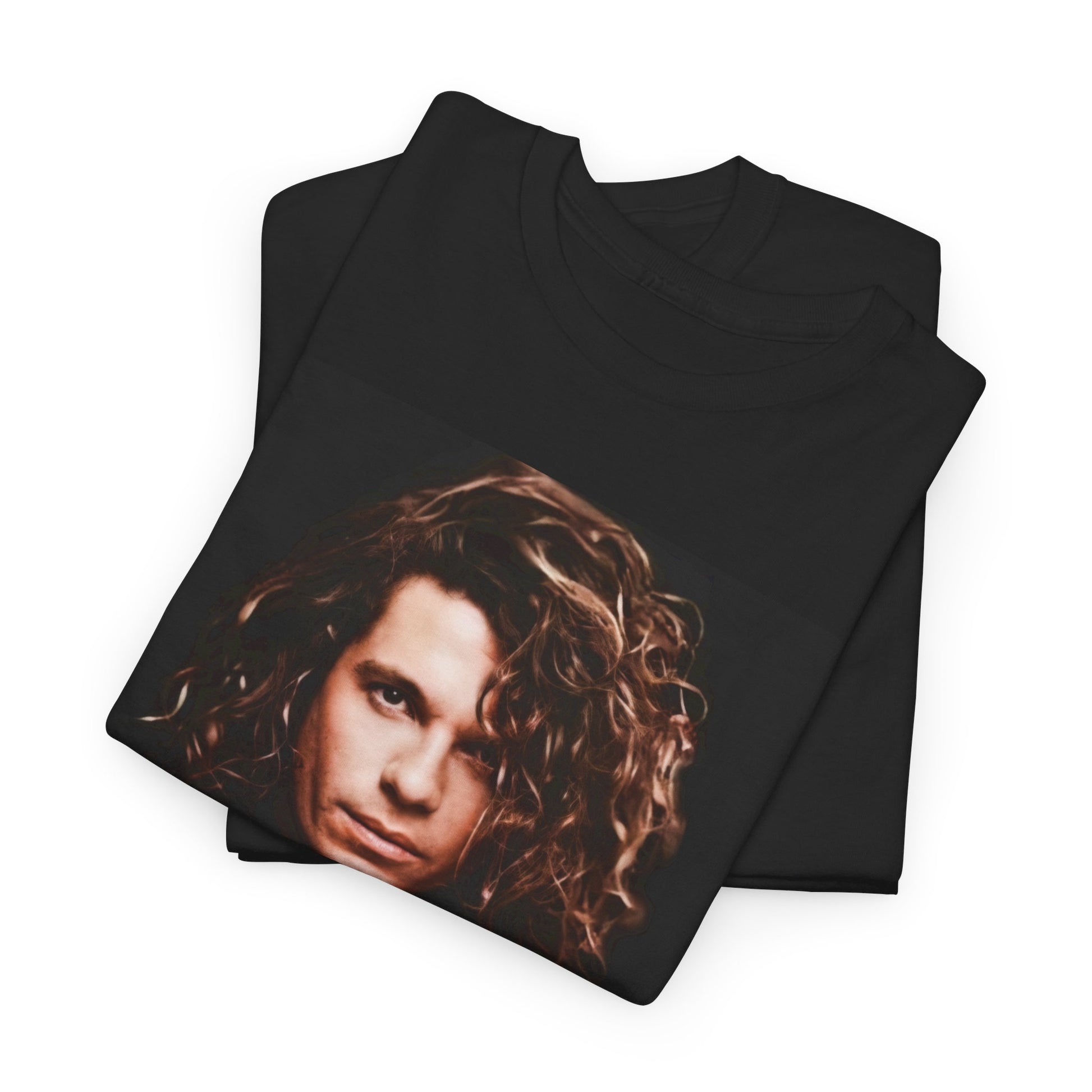 A black graphic t-shirt featuring a graphic of Michael Hutchence from INXS as a frontman legend.