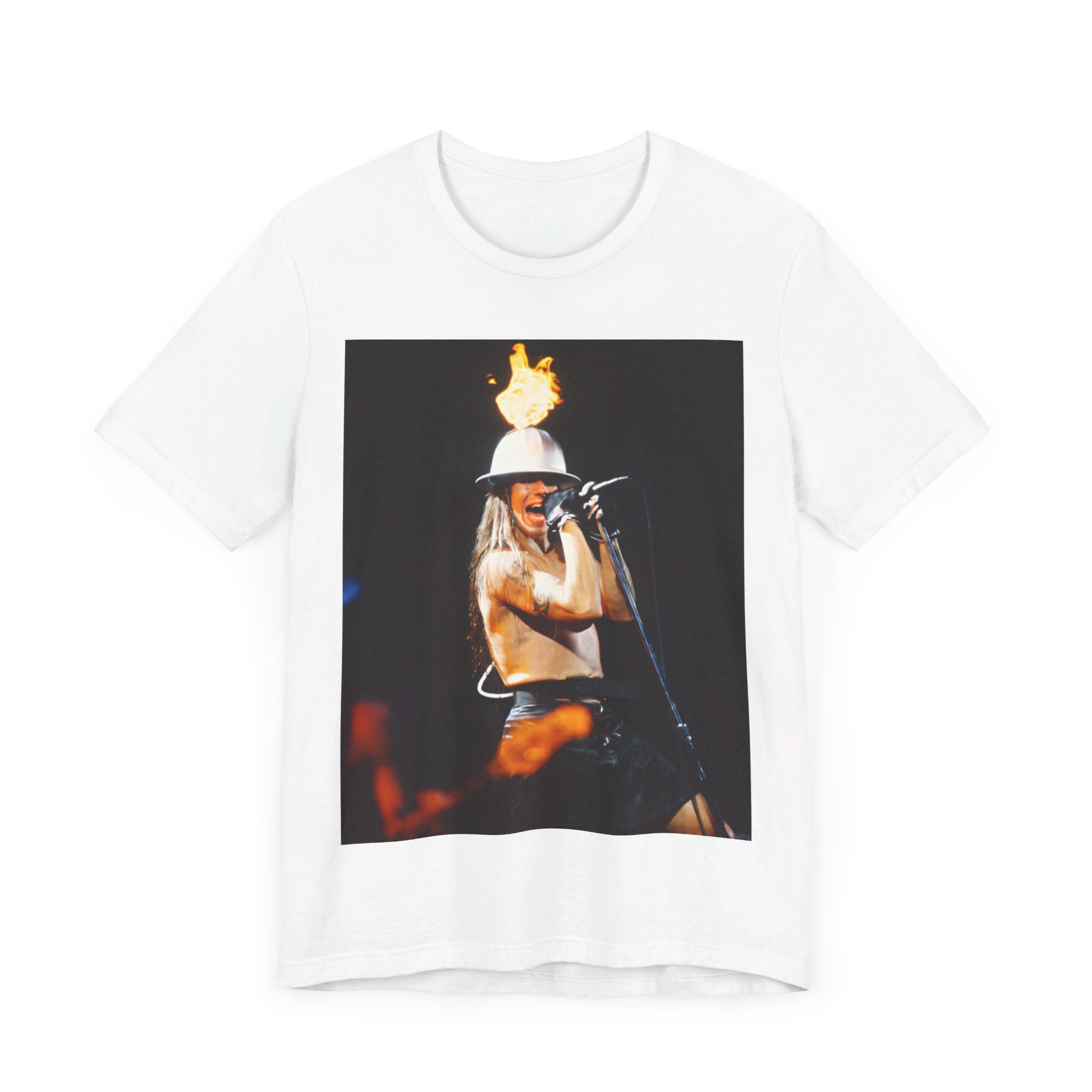 A black graphic t-shirt featuring a graphic of Anthony Kiedis from Red Hot Chili Peppers on tour, depicting wild energy.