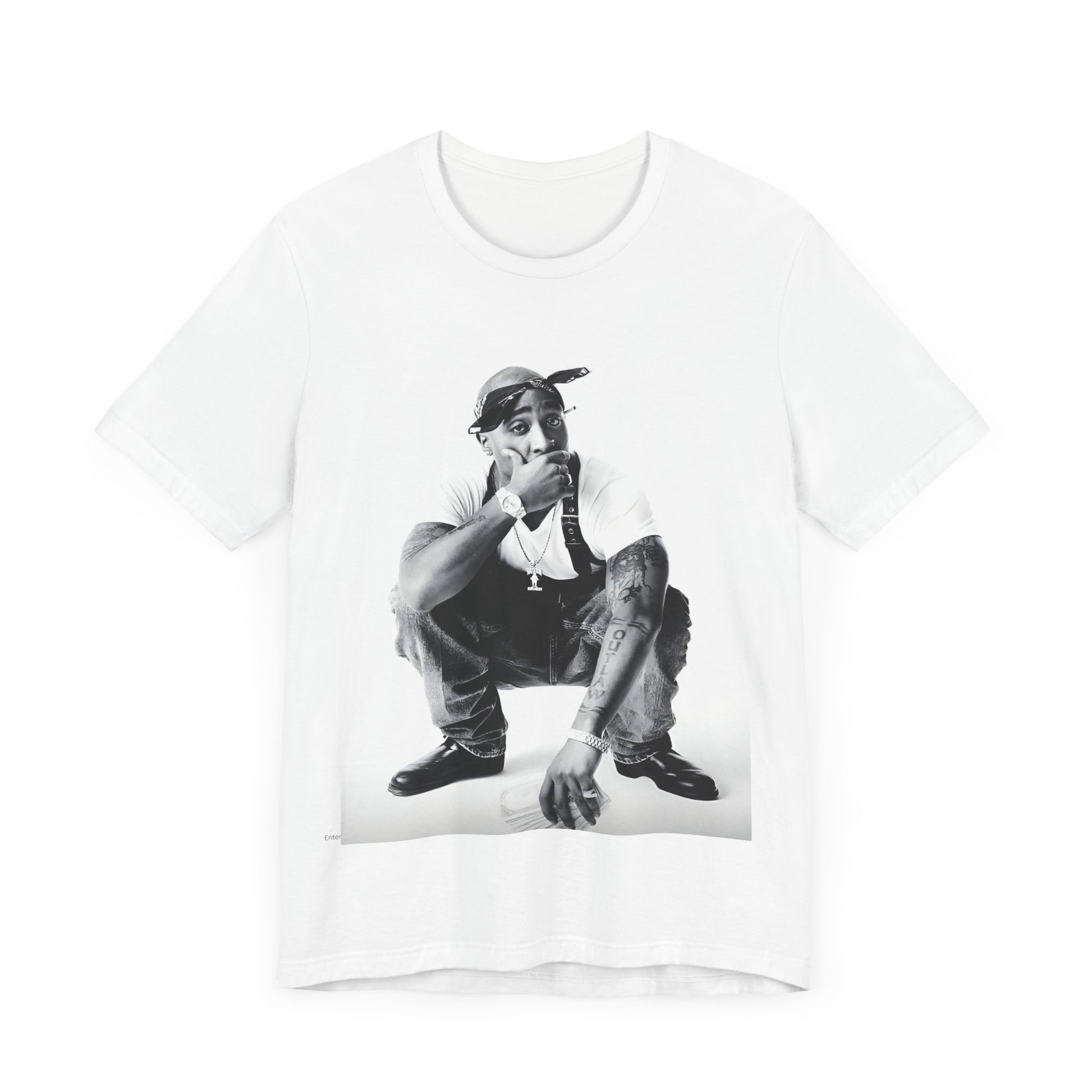 A black graphic t-shirt featuring a graphic of Tupac with a conscious rap vibe.