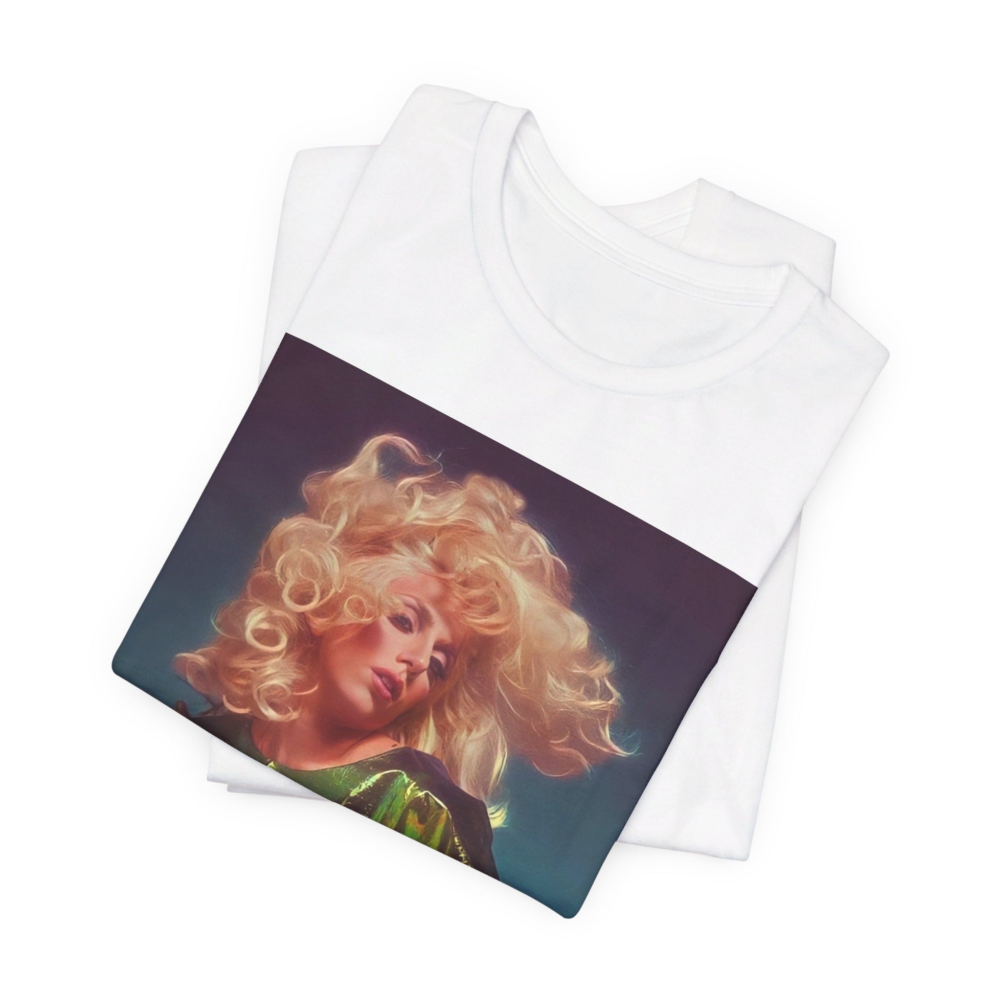 A black graphic t-shirt featuring a retro photo of Lady Gaga with neon lighting or effects.
