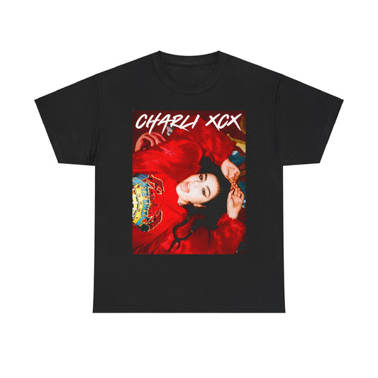 A black graphic t-shirt featuring a graphic related to Charli XCX's 'Beg For You' song or era.