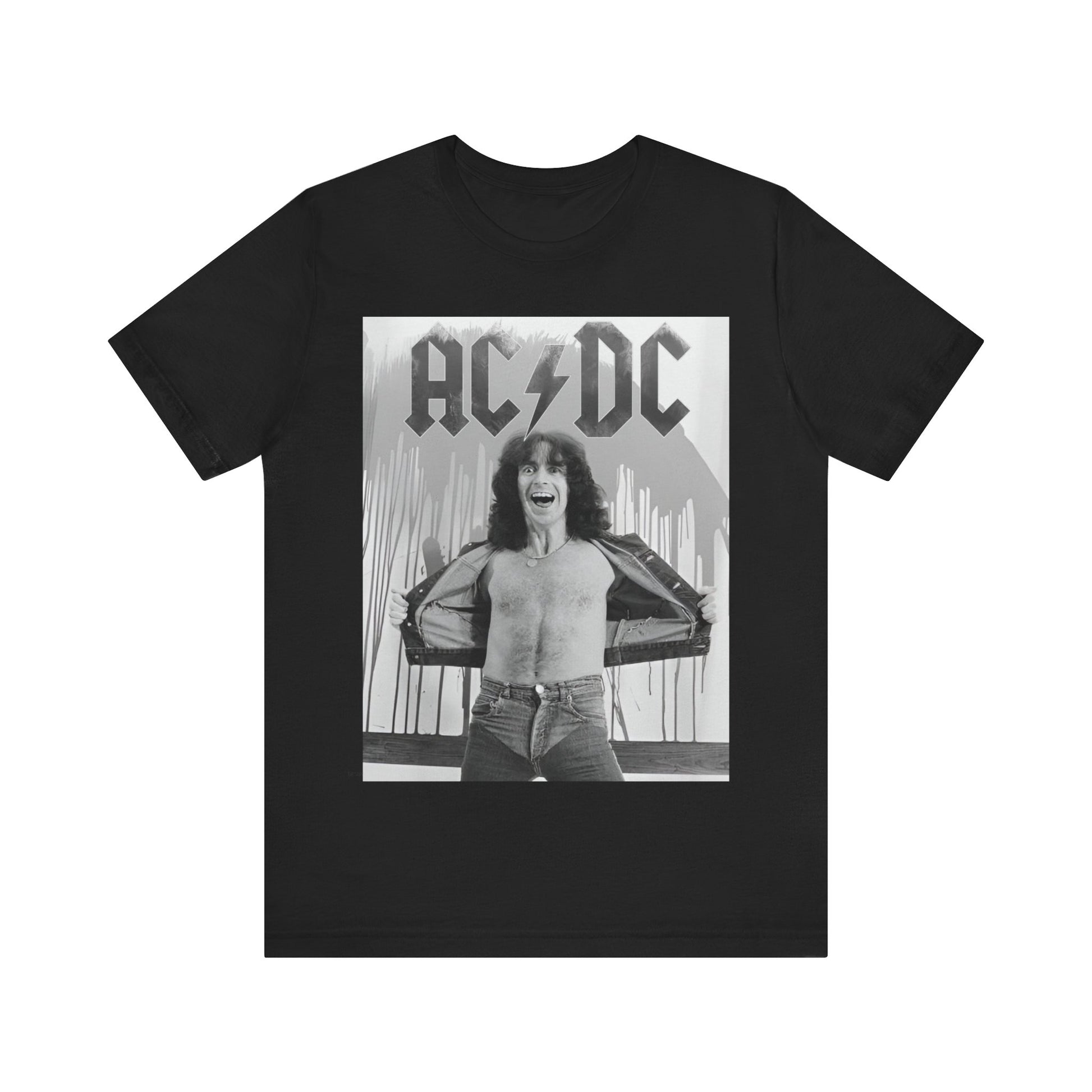 A vintage-style graphic of AC/DC's original frontman, Bon Scott, printed on a t-shirt.