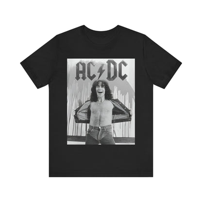 A vintage-style graphic of AC/DC's original frontman, Bon Scott, printed on a t-shirt.