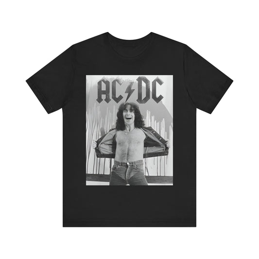 A vintage-style graphic of AC/DC's original frontman, Bon Scott, printed on a t-shirt.