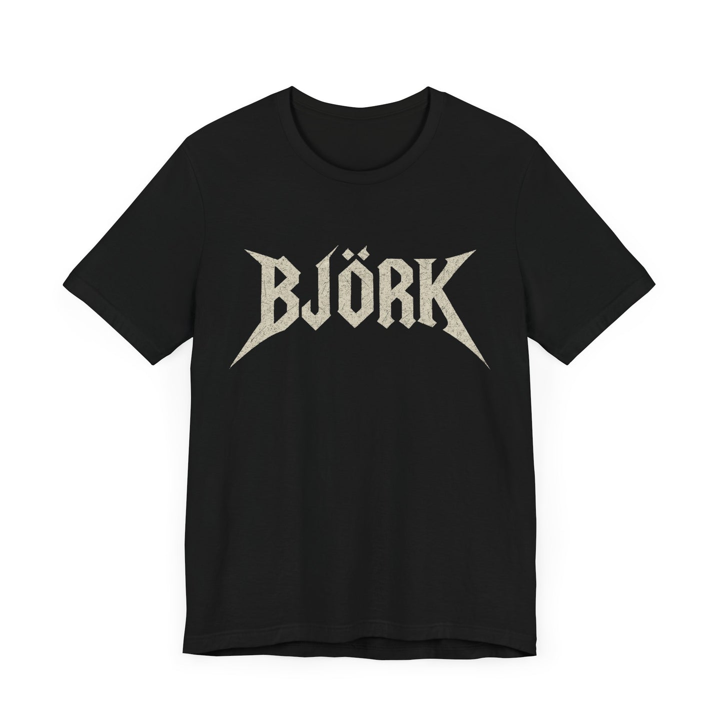A black graphic t-shirt featuring the Bjork logo in a black and white, aesthetic style.
