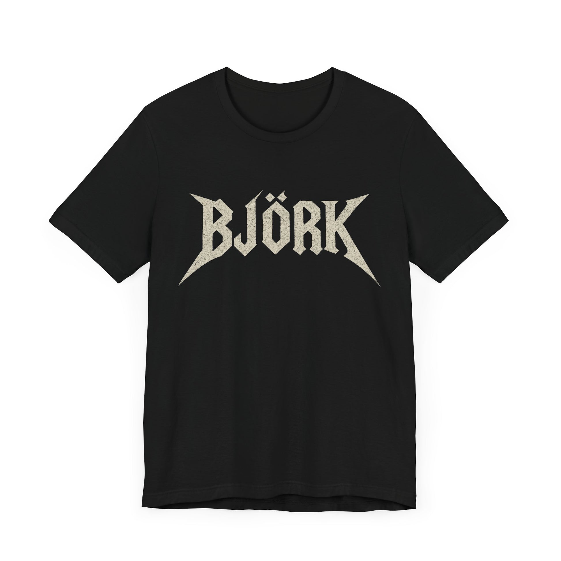 A black graphic t-shirt featuring the Bjork logo in a black and white, aesthetic style.