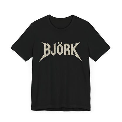 A black graphic t-shirt featuring the Bjork logo in a black and white, aesthetic style.